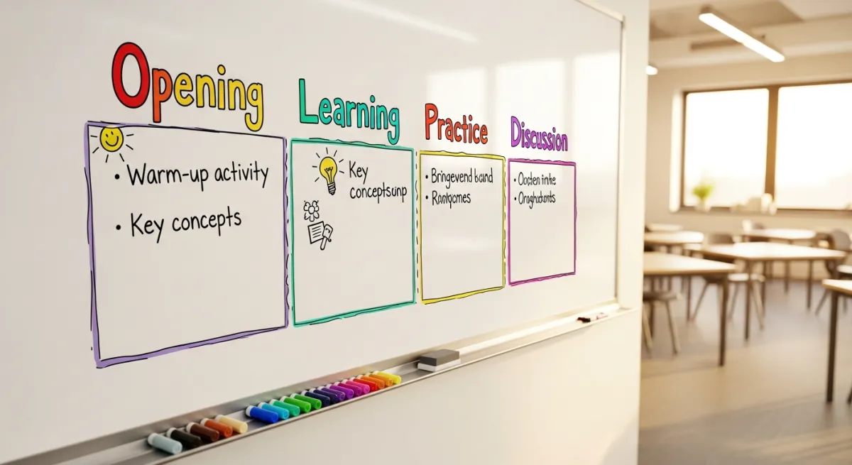 מורה מתכננת שיעור היברידי עם AI על הלוח