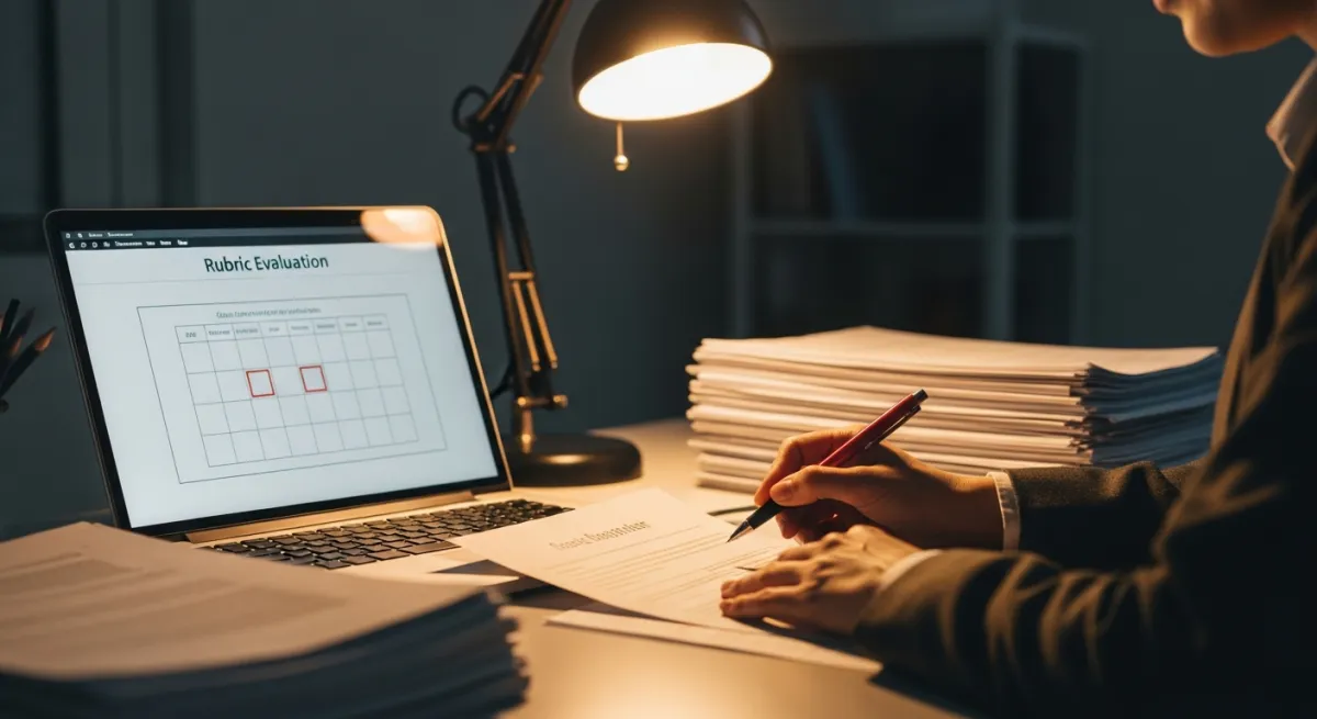 מורה בודקת עבודות תלמידים עם מחוון הערכה דיגיטלי